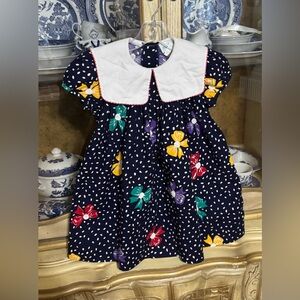 Vintage Rare Editions Navy Blue 🎀 bow print dress size 5 22.5” sth girls